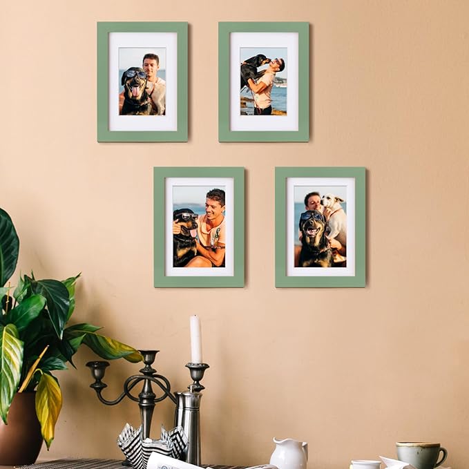 Egofine 5x7 Picture Frame Made of Solid Wood, Covered by Plexiglass Display Pictures 3.5x5/4x6 with Mat or 5x7 Without Mat for Table Top Display and Wall Mounting Photo Frame, Green