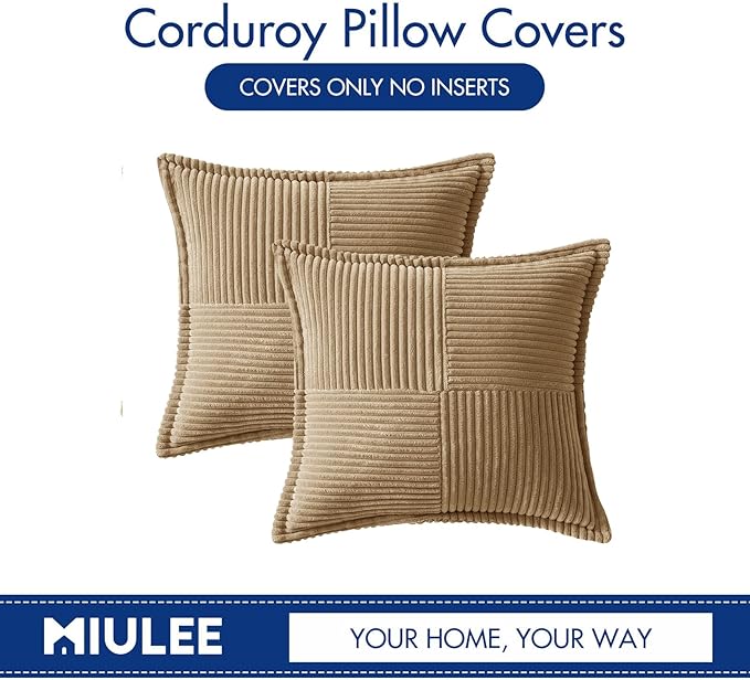 MIULEE Decorative Throw Pillow Covers for Couch Bed Livingroom 16x16 Inch Set of 2 Khaki Boho Accent Throw Pllows Broadside Striped Patchwork Soft Corduroy Pillowcases