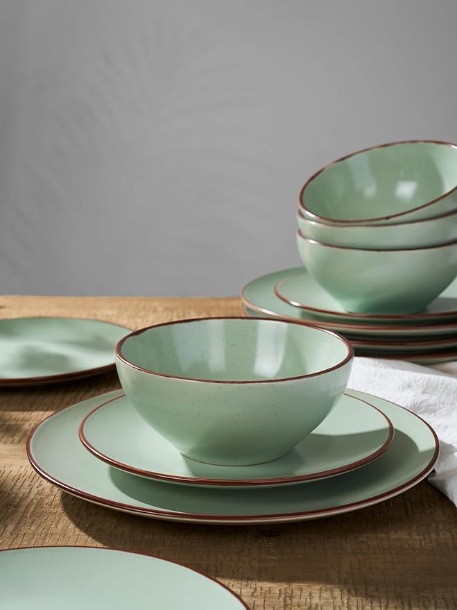 Famiware Venus Plates and Bowls Sets, 18 Pieces Stoneware Dinnerware Sets, Speckled Dishes Set for 6, Microwave and Dishwasher Safe, Matte Light Green