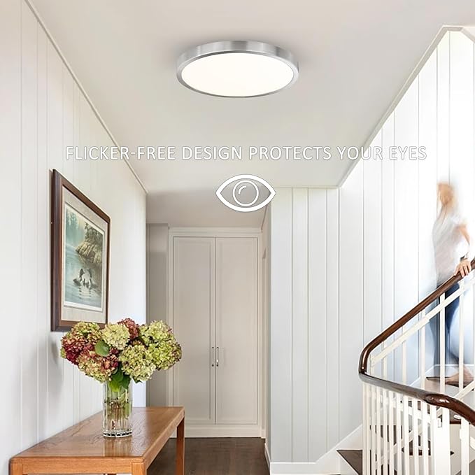 12 Inch Flush Mount LED Ceiling Light Fixture, Slim Dimmable Flush Mount Light for Kitchen, Metal and Glass Modern Ceiling Light for Low Ceiling, Bedroom, Laundry, Brushed Nickel, 22W, 3000K, 2 Pack