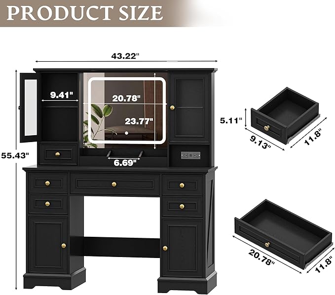 Vanity Desk with HD Lighted Mirror & Power Outlet, Farmhouse Makeup Vanity Table Set with Storage Drawers & RGB Cabinets, Large Dressing Table with 3 Lighting Modes for Women Girls Kids Bedroom, Black