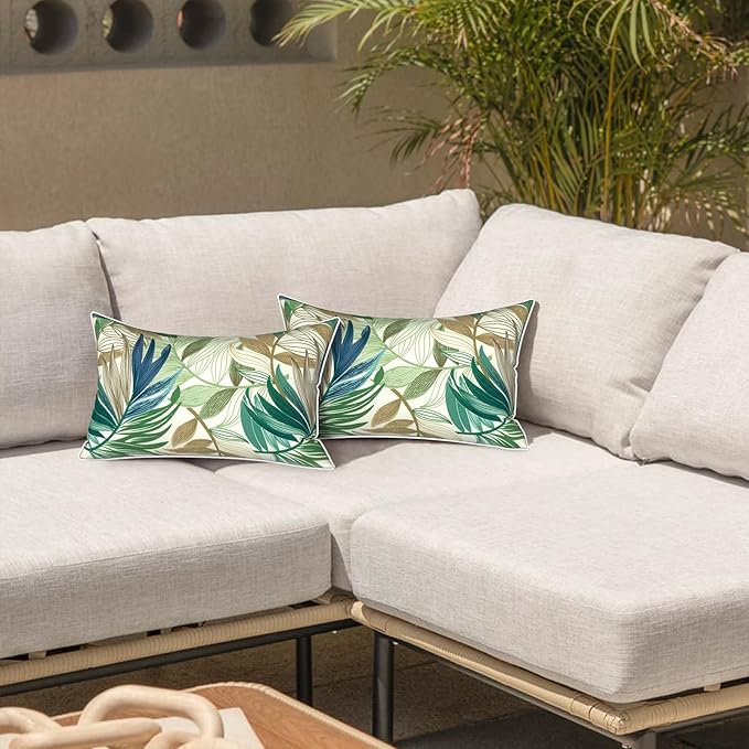 LVTXIII Outdoor Lumbar Pillow Covers 12"x20", Covers ONLY, 2 Pack 30x50cm Lumbar Cushion Cover with White Piping for Home Patio Garden Sofa Bench, Lush Leaf Green