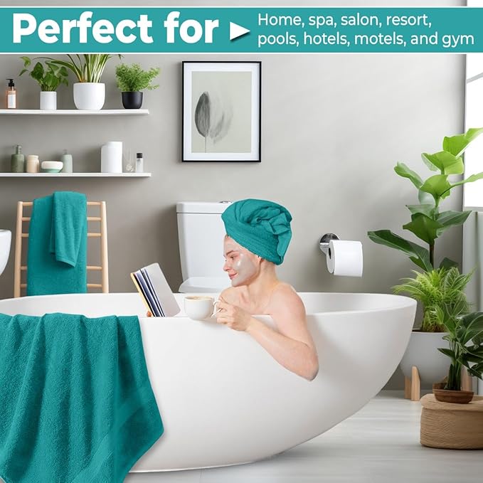 Pack of 8 Towels Set, 2 Large Bath Towels, 2 Hand Towels, 4 Wash Cloths, 100% Cotton, Lighter Weight, Quicker to Dry, Super Absorbent, Perfect for Bathroom (Teal)