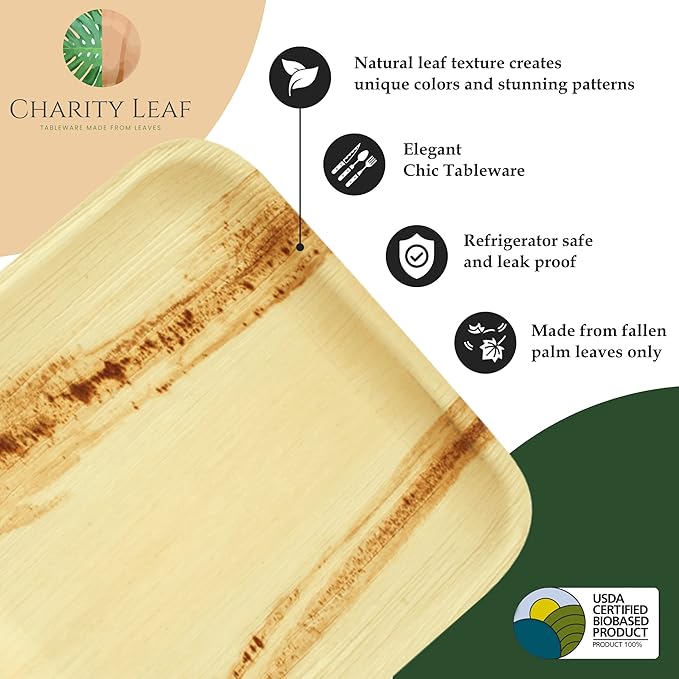 Charity Leaf Disposable Palm Leaf 6" Square Bowl (200 pcs) Dipping Bowls | Bamboo Like| All Natural and Biodegradable | Charcuterie Boards, BBQs, and Parties