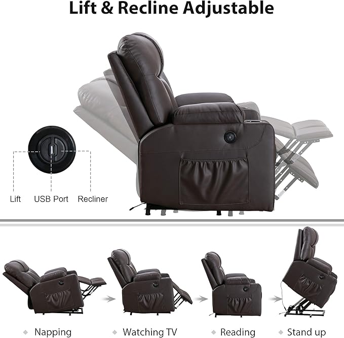Bonzy Home Oversized Power Lift Recliner Chair for Elderly, Faux Leather Lift Chair with Heated and Massage, Extra Wide Single Sofa with 2 Cup Holders, Side Pockets, USB Port, Brown