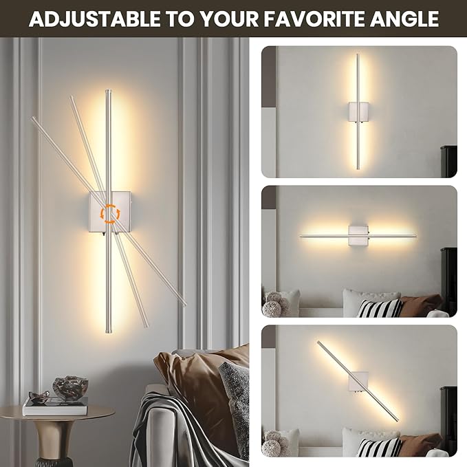 Wireless Battery Operated Wall Sconces, 11000mAh Rechargeable Brushed Nickel Wall Light with Remote Control, 350°Rotate Dimmable Wall Lamp, 3 Color Temperatures, for Bedroom Living Room Hallway, 1 PCS