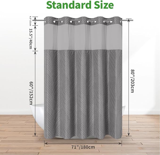no Hook Shower Curtain and Liner Set,Boho Style with See Through Top Window, Black Fabric Tufted Striped Textured Outer Curtain & Waterproof Inner Liner, Grey/Gray, 71Wx80H