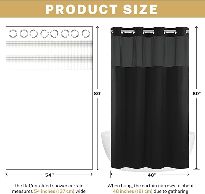 Small No Hook Shower Curtain with Snap in Liner, Polyester Textured Shower Curtain with Liner Set, Waterproof Washable Hotel Style Shower Curtains for Bathroom, 54Wx80H, Black