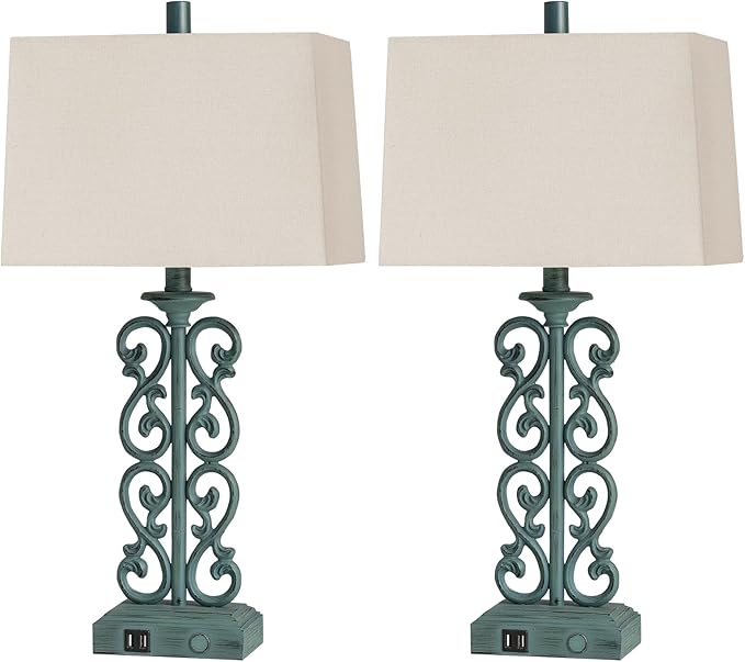 25" Set of 2 Touch Vintage Resin Table Lamps for Living Room, 3-Way Dimmable Nightstand Lamp with 2 USB Ports, Farmhouse Rustic Bedside Lamp for Entryway Bedroom End Table, 2 LED Bulb Included