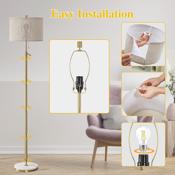 GyroVu Marble Floor Lamp, Adjustable Height Standing Lamp with Marble Base Tall Lamp with Pull Chain Switch Floor Lamps for Living Room, Bedroom & Office Bulbs Not Included(Gold)