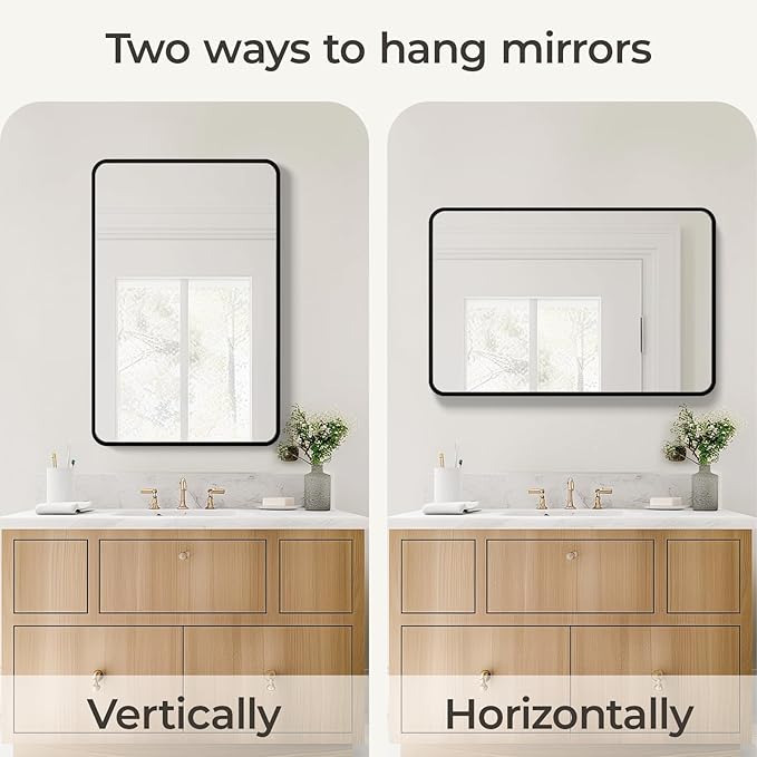USHOWER Black Bathroom Mirror for Over Sink 24 x 36 Inch, Metal Frame Rectangle Vanity Mirror, Matte Black Modern Mirror for Wall