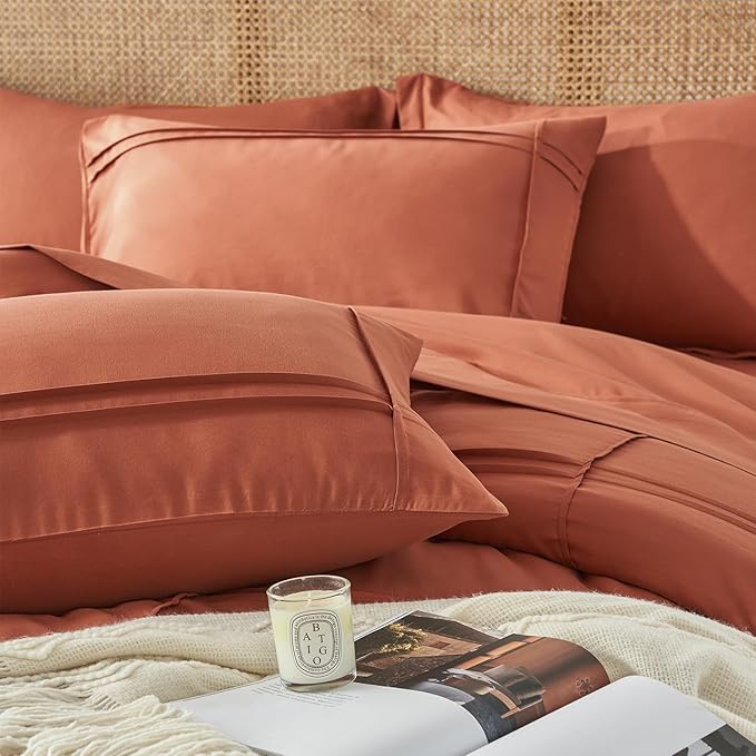 Yogeneg Queen Comforter Set 7 Piece Bed in a Bag,Grid Pinch Pleat Terracotta Bedding Set,Striped Textured Soft Microfiber Comforter with Sheet Set,All Season Complete Bed Set(Terracotta,Queen)