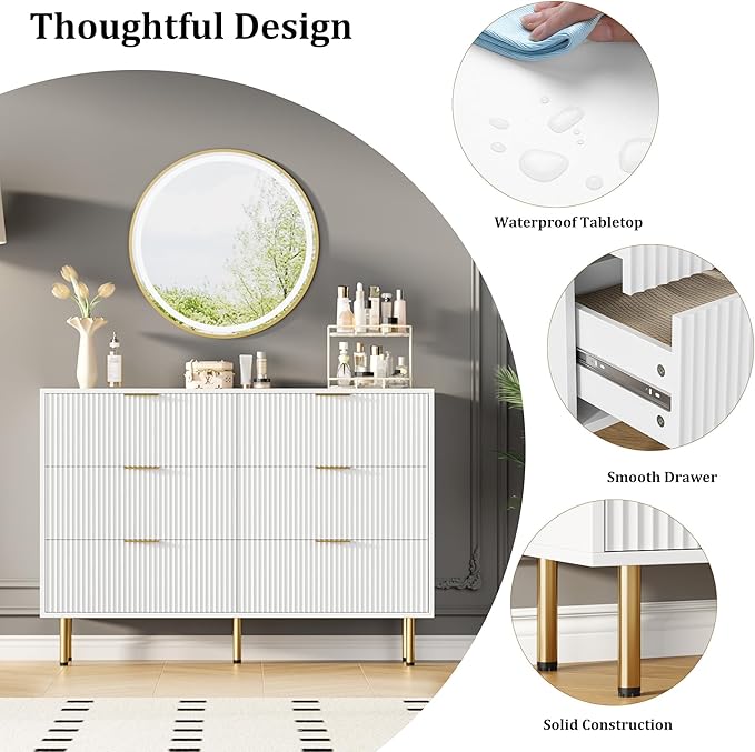 GarveeHome Fluted Wood 6 Drawers Dresser for Bedroom, Large Modern Chest of Drawers, White Dresser with Gold Handle, Wood Drawer Organizer for Bedroom, Living Room, Hallway, Entryway
