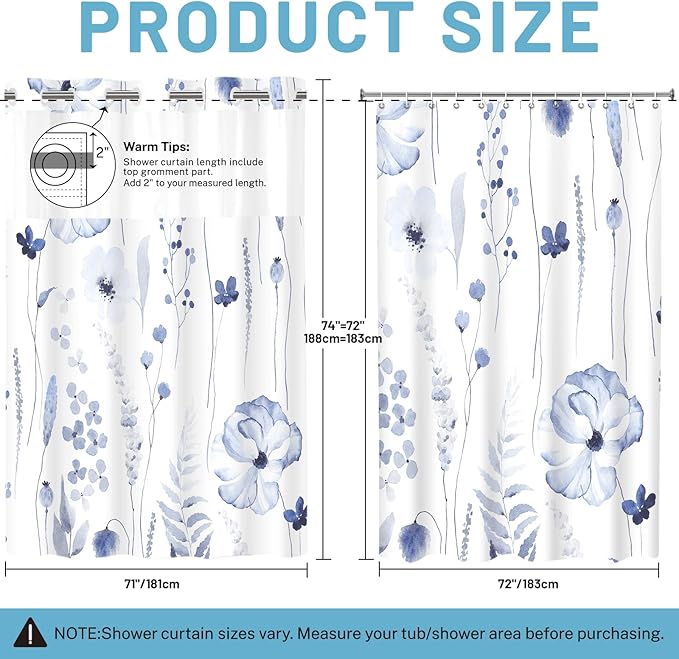 No Hook Shower Curtain with Snap in Liner - Floral Shower Curtain - Fabric Waterproof Inner Liner, Plants Watercolor Navy Modern Cloth Shower Curtains - Machine Washable, 71 x 74