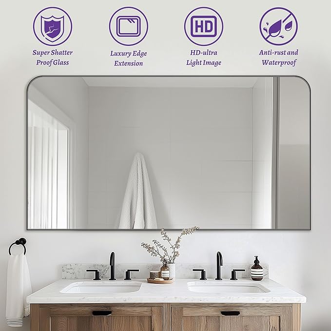 Bathroom Mirror, Wall Mirrors, Black Metal Framed Wall-Mounted Mirrors, Bathroom Vanity Mirror for Over Sink, Living Room, Bedroom, Entryway, 55x30 Inch, Black