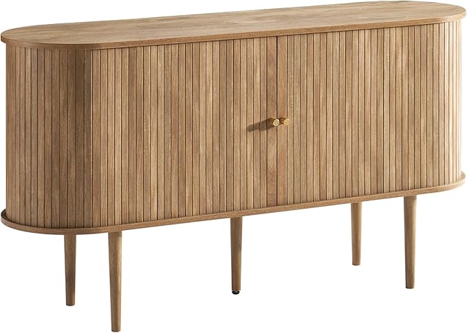 AMERLIFE 55" TV Stand with Solid Wood Legs, Mid Century Modern TV Console with Tambour Door for 80-inch TV, Dust-Proof Storage Cabinet for Living Room, Natural Finish