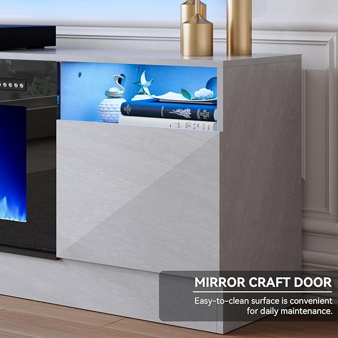 oneinmil 70” TV Stand with 36” Electric Fireplace, Large Modern Media Entertainment Center with Storage Cabinet and 12 Colors LED Lights for TVs Up to 80", Gray TV Stand and Black Fireplace