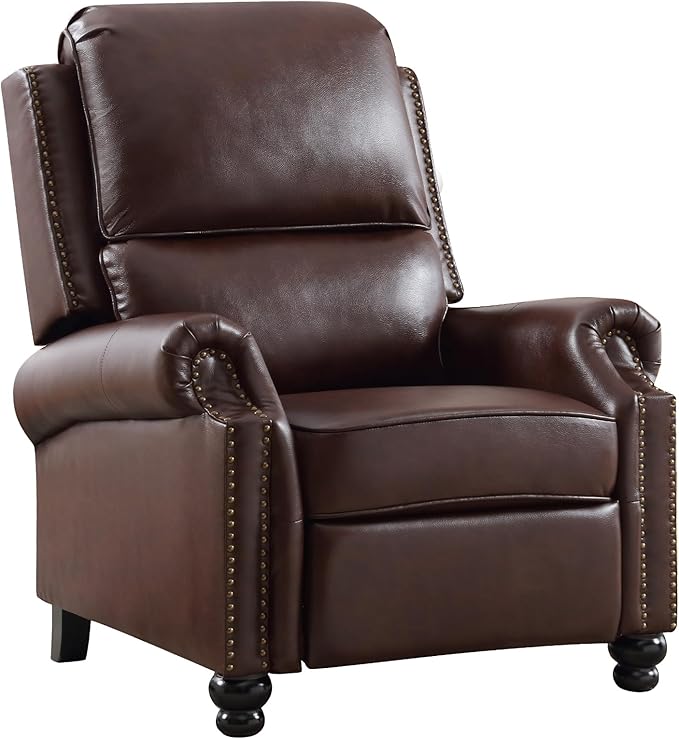 ANJ Push Back Recliner Chair, Textured Leather Overstuffed Wingback Recliner, Adjustable Pushback Chair with Padded Seat and Back, Single Reclining Sofa for Living Room, Bedroom(Dark Brown)