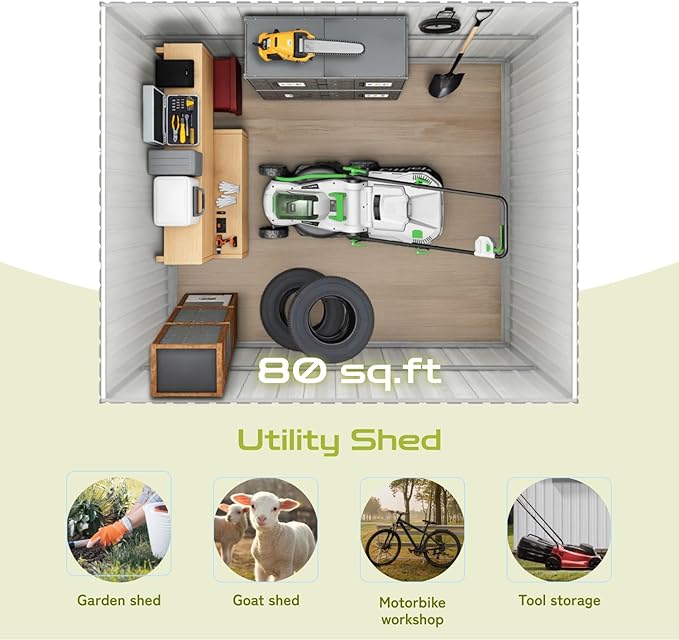 10 x 8 FT Outdoor Storage Metal Shed, Bike Garden Tool Shed with Slooping Roof, Lockable Doors and Aluminum Frames, Shed Easy to Assemble for Garden, Patio, Lawn, White