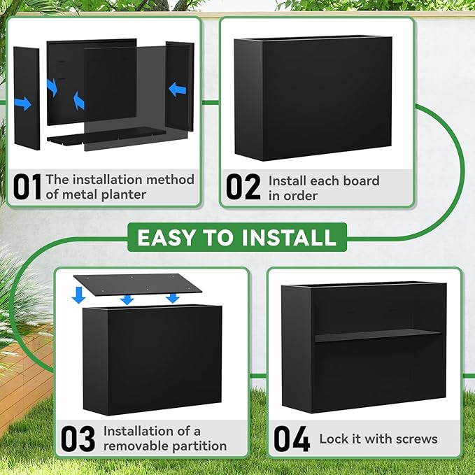 Metal Planter, 38L x 10W x 30H, Heavy Duty Tall Planters for Outdoor Plants, Black Planters with Removable Insert Shelf, Large Planters with Drainage Holes for Porch, Patio and Yard, Black