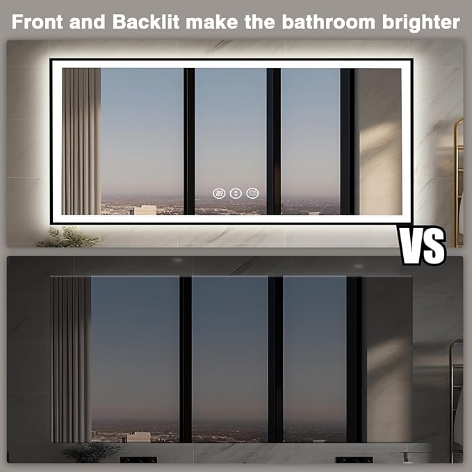 72x32 LED Bathroom Vanity Mirror - Black Aluminum Framed (Front and Backlit), Anti-Fog Large Mirror with Lights,Stepless Dimmable Lighted Mirror,3 Colors Smart Mirror(Horizontal/Vertical)