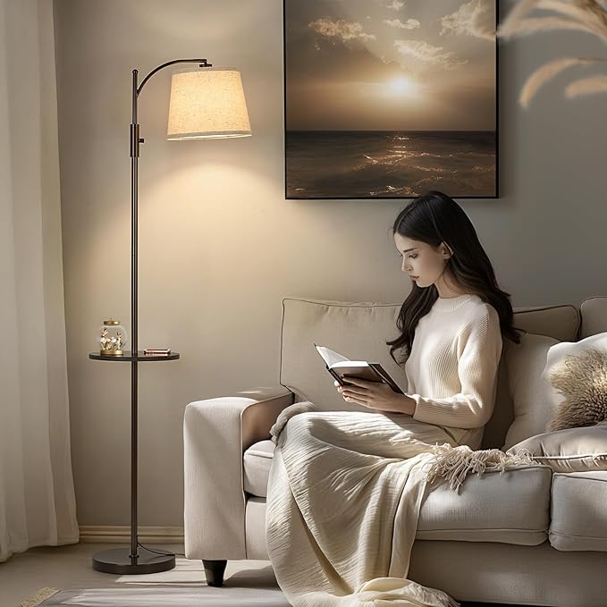 AIDENOEY Fully Dimmable Floor Lamp for Living Room,Standing Lamp Rotary Switch with Table&Linen Beige Shade,Brown Tall Lamps for Bedroom with Adjust Head,9W LED Bulb Included