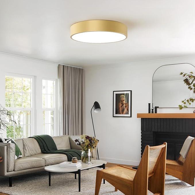 Gold Flush Mount Ceiling Light, 15.8 inch Modern Round Close to Ceiling Lighting Fixtures, Minimalist Ceiling Lamp for Living Room,Dining Room,Bathroom,Foyer,Hallway,Laundry(E12,3-Light