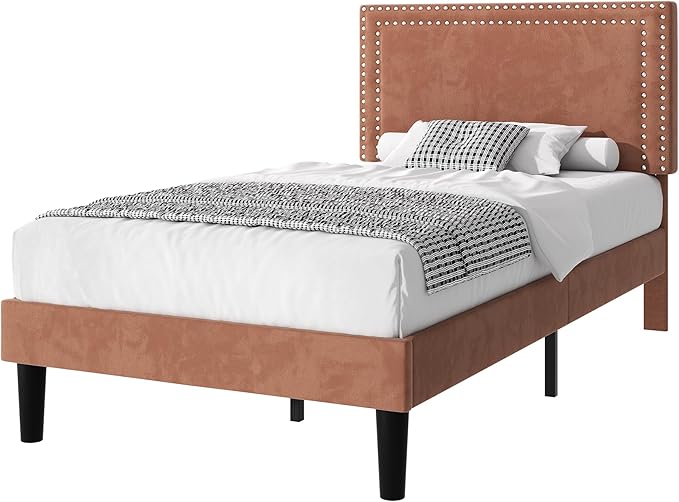VECELO Twin Size Platform Bed Frame with Adjustable Upholstered Headboard, Strong Wood Slat Support, No Box Spring Needed, Easy Assembly