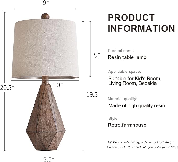 PoKat 20.25" Retro Farmhouse Table Lamp Set of 2 - Living Room & Bedroom Rustic Linen Bedside Nightstand Lamps for Kids, Study, Office - Resin, Suitable for Small Places
