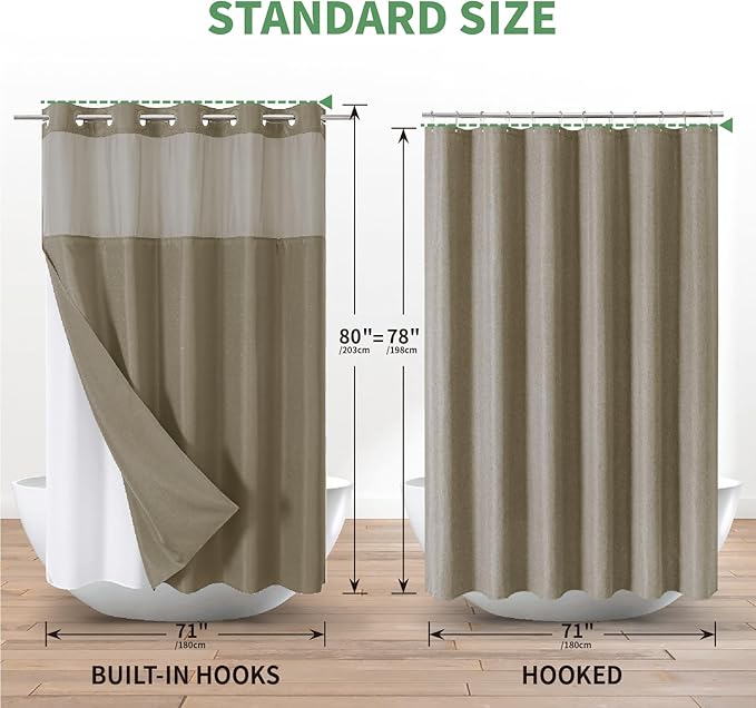 Long No Hook Shower Curtain with Snap-in Fabric Liner Set,Slub Textured Fabric Shower Curtains for Bathroom,Hotel Style Modern Shower Curtain,Water Repellent & Washable,71x80(78),Tan/Khaki
