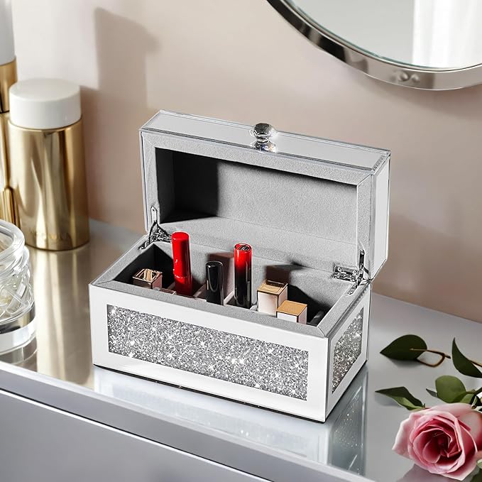 Glass Lipstick Organizer,21 Space Rollerball Perfume Organizer with Lid,Lip Gloss Organizer for Vanity, Crushed Diamond Home Decor