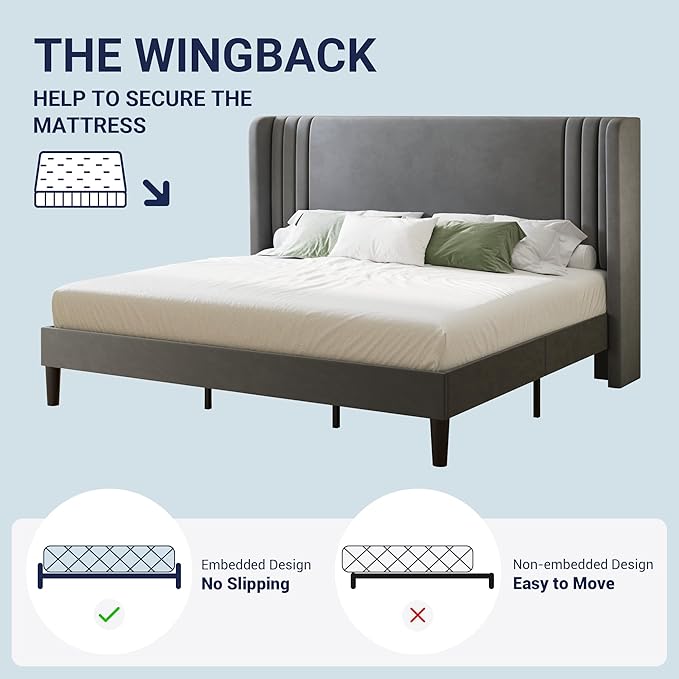 Allewie King Size Velvet Platform Bed Frame with Vertical Tufted Wingback Headboard, Easy Assembly, Under Bed Storage, No Box Spring Required, Modern Style, Grey