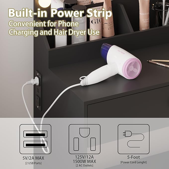 Small Vanity Desk with Mirror and Lights, Makeup Vanity Desk with Adjustable Brightness 3 Light Modes, RGB Storage Cabinet, Power Outlet, Drawer, Shelves, Vanity Table for Women Girls Bedroom