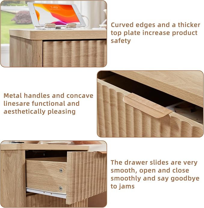 LEYAOYAO 23" Wide Fluted Night Stand with Charging Station, 3 Drawers Large End Table with Storage, Natural Nightstand Wood Bedside Tables, Farmhouse Cabinet Dresser for Bedroom, Closet