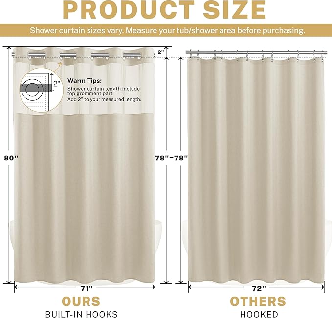 Long No Hook Shower Curtain with Snap in Liner, Polyester Textured Shower Curtain with Liner Set, Waterproof Washable Hotel Style Shower Curtains for Bathroom, 71Wx80H, Cream
