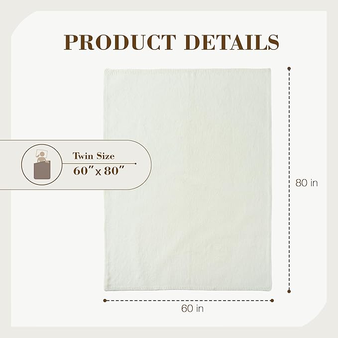 Carriediosa Wool Blend Knit Throw Blanket 60" X 80" Twin, 50% Recycled Polyester Soft Cable Knitted Fluffy Throws for Couch Lightweight Woven Blankets for Sofa Fuzzy Cozy Bed Cover, Vanilla Cream
