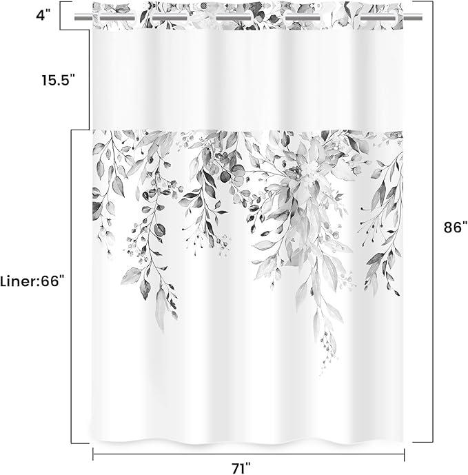 No Hook Shower Curtain with Snap in Liner - Eucalyptus Shower Curtain - Washable Waterproof Inner Liner, Plants Grey Leaves Modern Shower Curtains - Machine Washable, 71 x 86