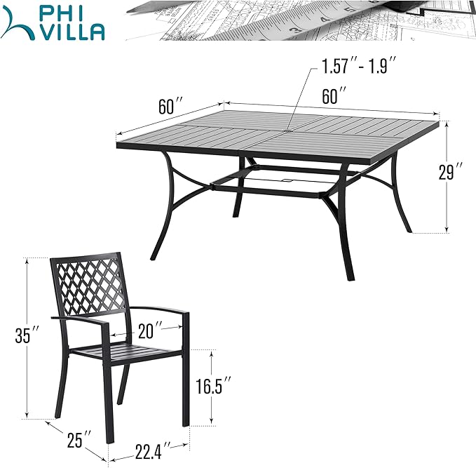 PHI VILLA 9 Piece Patio Dining Set, Metal Outdoor 60'' Square Table Furniture Set with 6 Backyard Armrest Stackable Chairs, Table with 1.57'' Umbrella Hole for Patio, Deck, Black