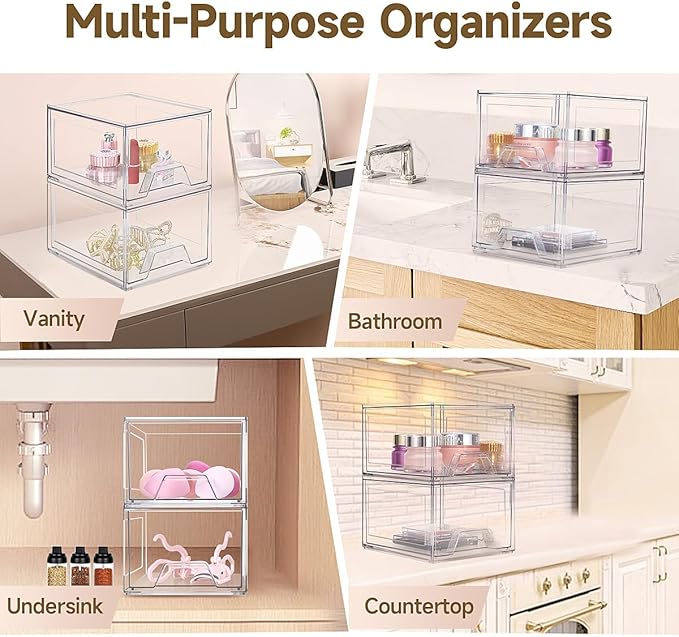 Damomo 2 Pack Stackable Organizer Drawers, 4.4" Tall Clear Bathroom Makeup Organizer and Storage, Acrylic Plastic Organizers Bins for Vanity, Undersink, Bathroom, Pantry, Kitchen Cabinets