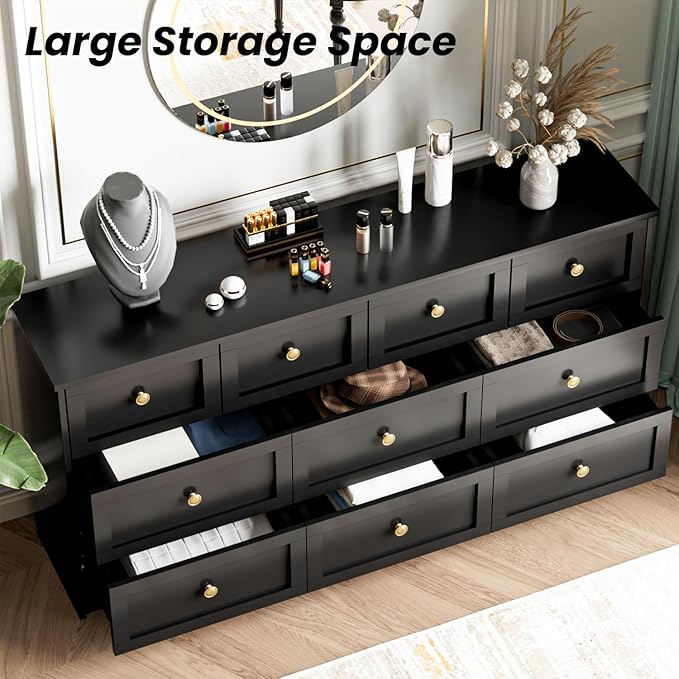 59.1" Wide Dressers & Chests of Drawers with Large Capacity Storage, Large Wooden Storage Organizer 10 Drawer Dresser for Bedroom(Black)