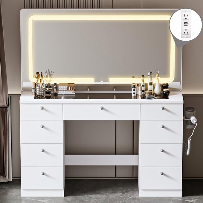 Makeup Vanity Desk with Mirror - 46 INCH Glass Tabletop Vanity Table with Lights, Drawers, Power Outlet, Large Storage Desk for Bedroom, White