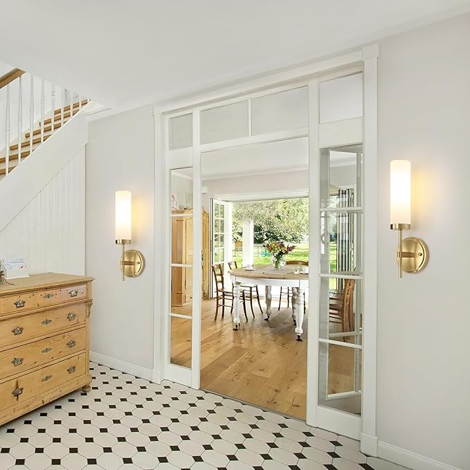 Gold Wall Sconces, Modern Bathroom Vanity Light Fixtures, Sconces Wall Decor Set of 2, Wall Lamps with Frosted Glass, Indoor Wall Lights for Bedroom Living Room Hallway