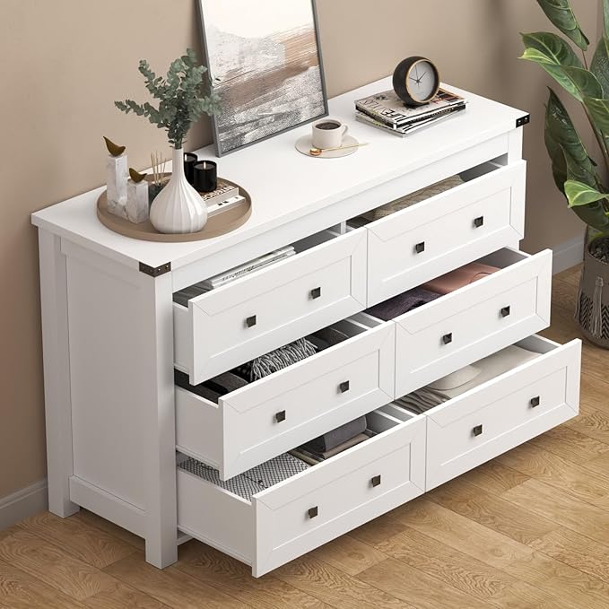 White Dresser for Bedroom, 47.3" Modern Dresser for Closet TV Stand, 6 Drawer Wood Dressers & Chest of Drawers with Black Knobs, Wide Closet Storage Organizer for Living Room, Hallway