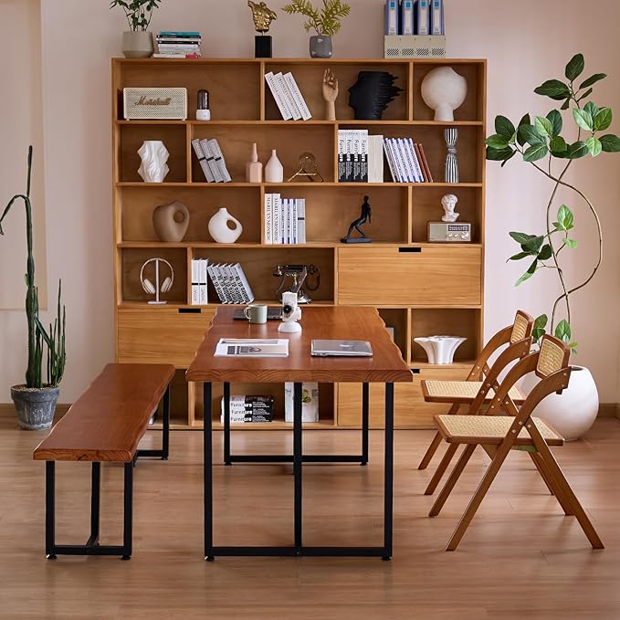 Solid Wood Administrative Desk, Dining Table with Durable Metal Legs, Uniquely Designed Leisure Table, Perfect for Restaurants and Home Offices, (Wood Brown, 55.12in)