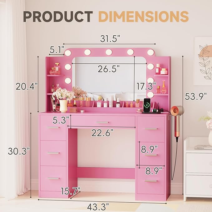 YESHOMY Vanity Desk with Large Lighted Mirror, Power Outlet and 11 Lights, Makeup Table with 7 Drawers and 3 Desktup Storage Units, 3 Color Modes Available for Bedroom, Pink