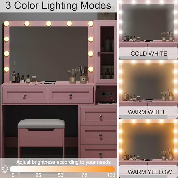 43" W Vanity Desk with Mirror & 11 Lights,Modern Makeup Desk with 5 Drawers & Cushioned Stool,3 Lighting Modes Brightness Adjustable,Power Outlet,Bedroom Dressing Table, Pink