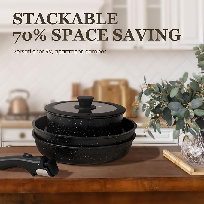 KIKCOIN 20 Pcs Pots and Pans Set Non Stick, Detachable Handle Cookware Sets Nonstick, Non Toxic Induction RV Kitchen Cooking Set with Removable Handles, Dishwasher/Oven Safe, Easy Clean (Black)