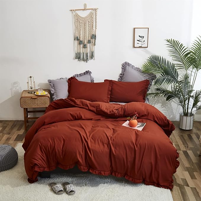 Luxlovery Ruffle Comforter Set King Burnt Orange Farmhouse Caramel Bedding Comforter Set Shabby Chic Rust Orange Solid Blanket Quilts Ruffled Reddish Caramel Bedding Set for Women Men