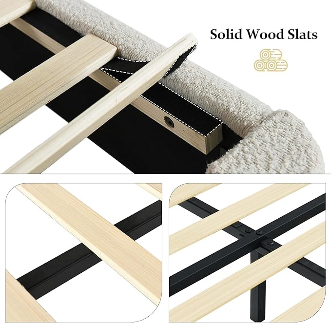 Full Bed Frame, Full Size Upholstered Platform Bed Frame with 56" Headboard, Soft Boucle Fabric, Mid-Century Modern Design, No Box Spring Required, Easy Assembly, Beige