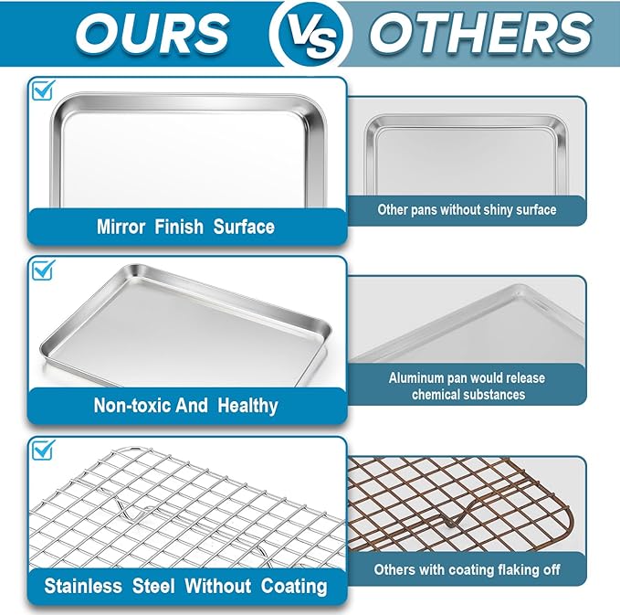 TeamFar Baking Tray with Rack, 12.5 x 10 x 1 Inch Stainless Steel Toaster Oven Baking Pan with Grid Rack for Baking Roasting Cooling, Healthy & Heavy-Duty, Oven & Dishwasher Safe, 2pcs